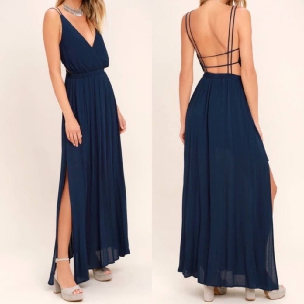 LULU’S | Navy Lost In Paradise Strappy Open Back Dress Size S